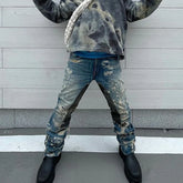 Hearujoy Harajuku Distressed Hole Tie Dye Color Match Patchwork Jeans for Men Straight Baggy Casual Pencil Pants Oversized Y2K Cargos